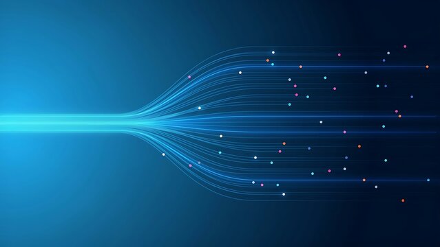 A digital illustration of glowing blue lines and particles emanating from a central point on a dark background with a bright light source.