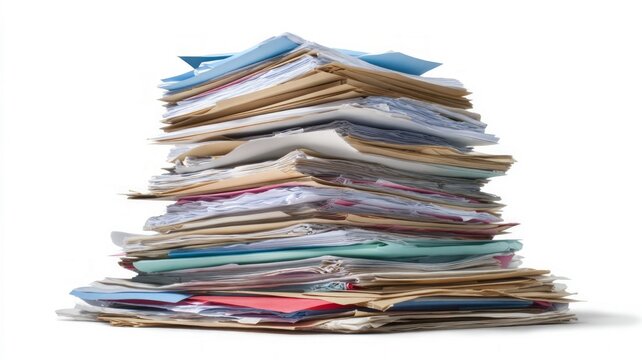 Stack of colorful documents on white background. Artificial intelligence image