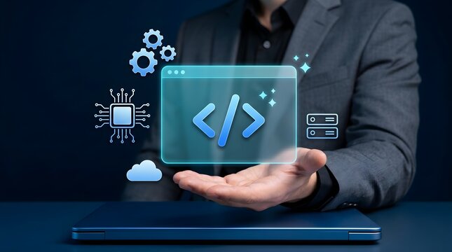 Low code no code development and programming concept with professional presenting virtual coding ai automation, cloud computing, and software integration for efficient application development .