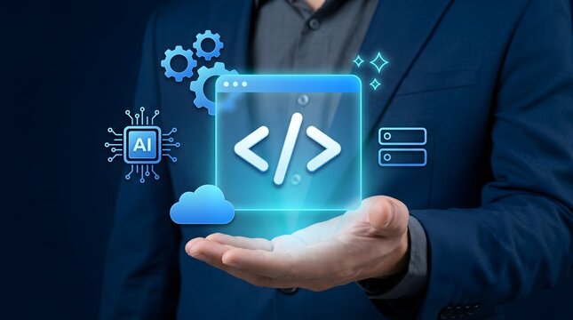 Low code no code development and programming concept with professional presenting virtual coding ai automation, cloud computing, and software integration for efficient application development .