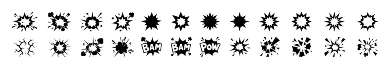 Set of black comic explosion and impact effects with various shapes and styles for graphic design and pop art on transparent background © Yehor