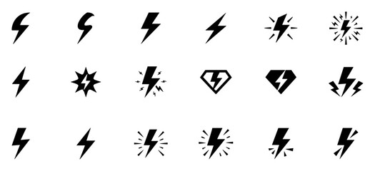Obraz premium Set of black lightning bolt icons and symbols in various styles on transparent background