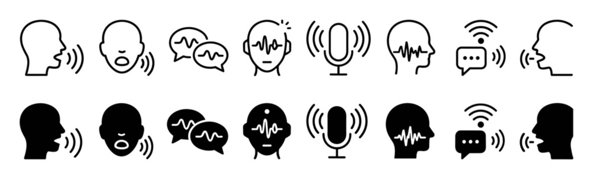 Set of voice and sound wave icons including speaking, audio waves, microphone, speech bubbles, and communication symbols in black and white style on transparent background