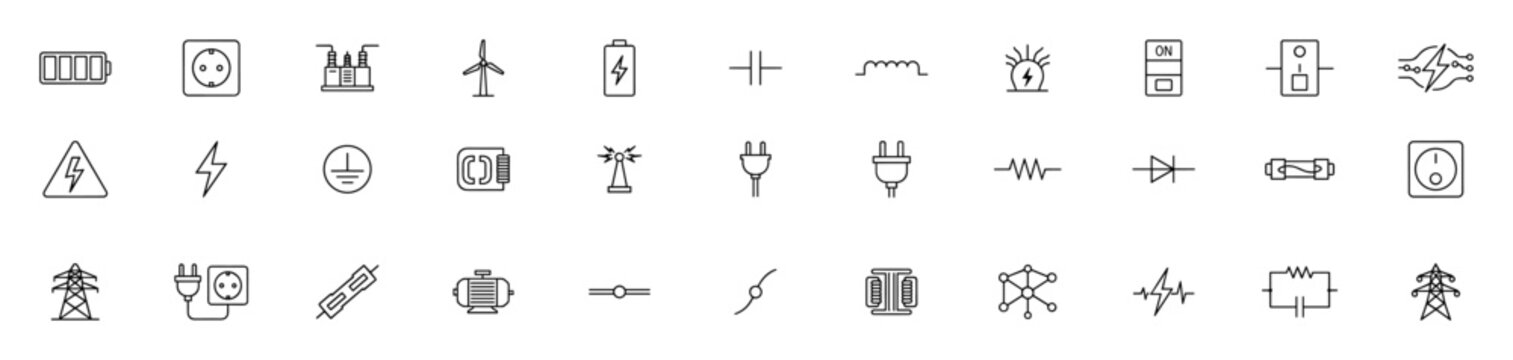 Set of electrical and energy icons including battery, plug, transformer, wind turbine, capacitor, switch, power lines, and various circuit symbols on transparent background