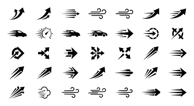 Collection of black dynamic speed and motion arrow icons in different shapes and styles on transparent background