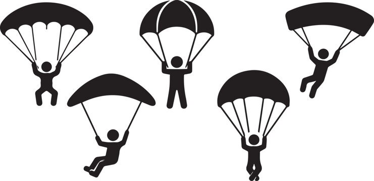 Black and white minimalist skydiver stick figure icons vector set flying with parachutes
