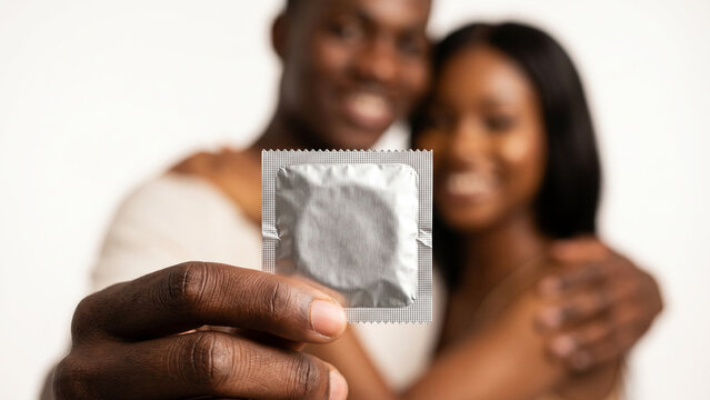 Close-up of a black man's outstretched hand holding a sealed condom with a black woman embracing him in the blurred background. Safe sex, modern relationship prevention and sexual health concept