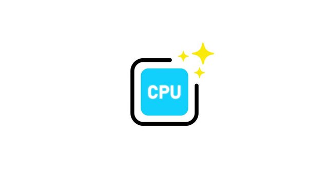 Blue square icon with CPU text and yellow sparkles on white background central processing unit computer