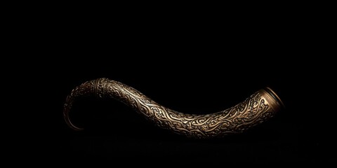 Naklejka premium Antique Horn Decorated with Intricate Patterns on Black Background