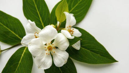 Naklejka premium White Blossoms with Green Leaves on Isolated Background in Soft Light