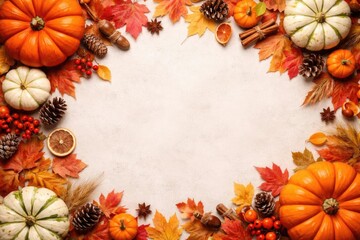 Fototapeta premium Autumn-Themed Seasonal Decorations with Pumpkins and Maple Leaves on Textured Background