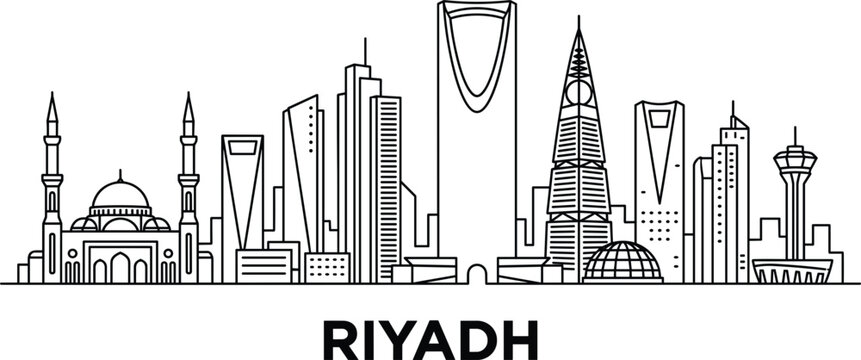 Riyadh Saudi Arabia city architecture skyline panoramic vector line art drawing featuring major skyscrapers and historic mosque landmarks