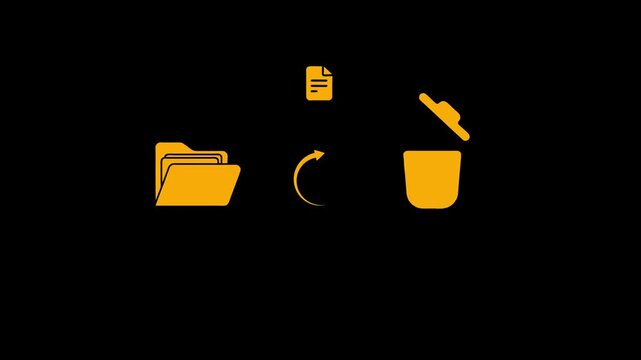 Yellow computer folder and document file moving into trash bin icon concept on a dark black background for data deletion and file management template
