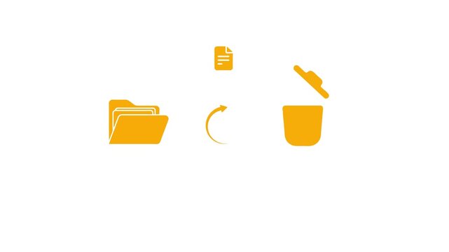 Yellow computer folder and document file moving into trash bin icon concept on an isolated white background for data deletion and file management template