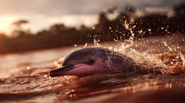 A pink Amazon river dolphin emerging from murky waters at sunset, surrounded by warm golden light, a cinematic riverside setting, and lifelike splashing water.
