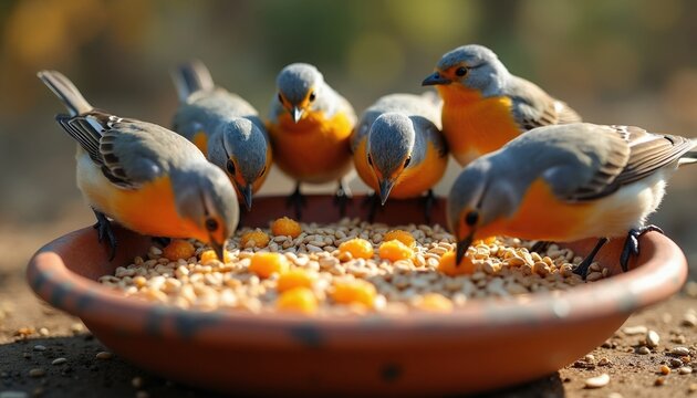 Small birds gather in group around rustic bowl filled with sunflower seeds, orange pieces. Wildlife eat food outside in sunny garden. Many colorful feathered animals feed together on grains in yard.