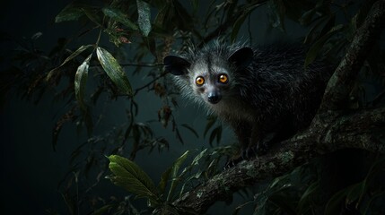 Naklejka premium An ultra-realistic aye-aye lemur perched on a tree branch in the dark Madagascan rainforest, its luminous eyes glowing through the shadows and creating a mysterious nocturnal atmosphere. 