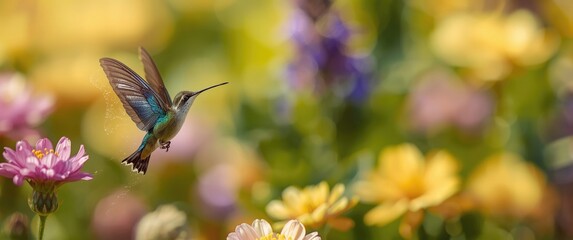 Fototapeta premium Hummingbird Feeding on Colorful Flowers in a Vibrant Garden Scene