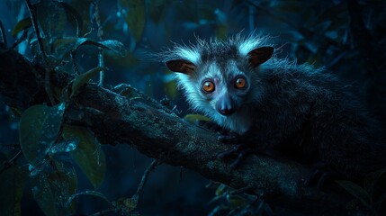 Obraz premium An ultra-realistic aye-aye lemur perched on a tree branch in the dark Madagascan rainforest, its luminous eyes glowing through the shadows and creating a mysterious nocturnal atmosphere. 