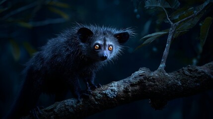 Obraz premium An ultra-realistic aye-aye lemur perched on a tree branch in the dark Madagascan rainforest, its luminous eyes glowing through the shadows and creating a mysterious nocturnal atmosphere. 