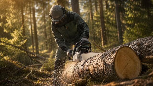 logger cutting tree with chainsaw in forest