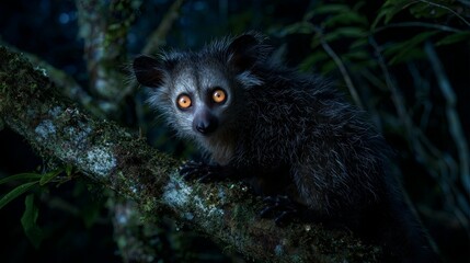 Obraz premium An ultra-realistic aye-aye lemur perched on a tree branch in the dark Madagascan rainforest, its luminous eyes glowing through the shadows and creating a mysterious nocturnal atmosphere. 