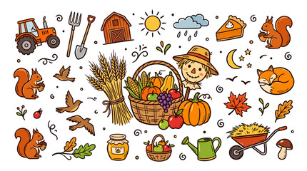 Obraz premium Autumn Harvest Farm Elements in Colorful Hand Drawn Doodle Style