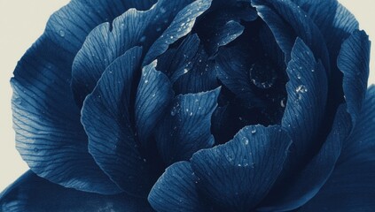 Obraz premium Blue Flower Closeup with Water Droplets on Petals Against a Light Background