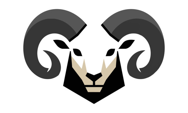 Minimalist ram head with large spiraled horns in a bold symmetrical design isolated on white background. Animal and nature concept