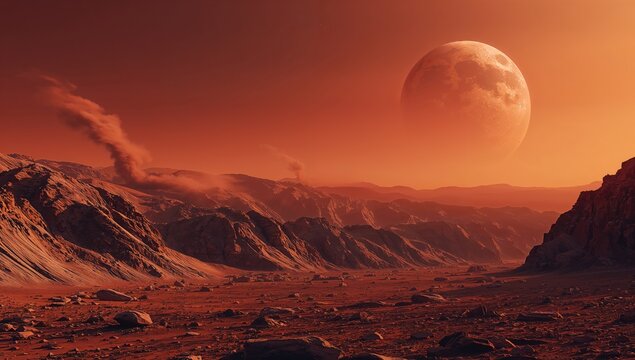 Otherworldly Landscape on a Red Planet with a Large Moon and Dramatic Skies