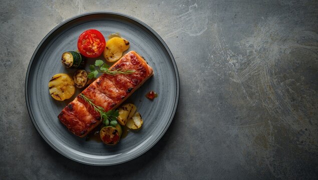 Grilled Salmon Fillet Served with Assorted Vegetables on a Plate