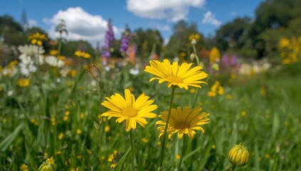 Fototapeta premium Bright Yellow Daisies Blooming in a Colorful Flower Field Under Blue Sky
