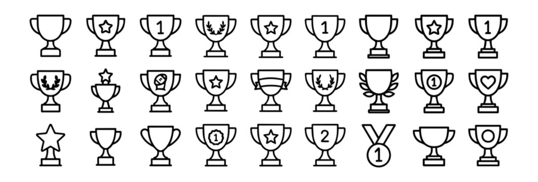 A collection of various trophy and award icons in a simple outline style.