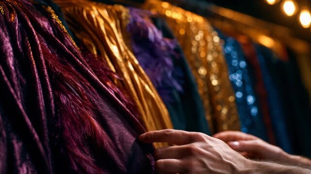 Hands Browsing Costume Shop Rack of Capes and Feathered Masks