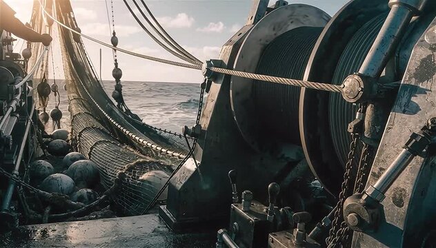 Machines Work on Commercial Fishing Ship that Pulls Trawl Net.

