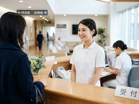 クリニックの受付カウンターで患者を笑顔で迎える医療事務の女性
