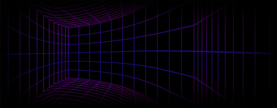 3D perspective neon wireframe room background illustration. This futuristic cyberpunk digital cube features an inside view of an empty matrix hall grid for metaverse vr design, retro synthwave banner,