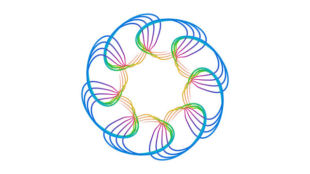 A colorful geometric pattern of interconnected circles and lines on a white background