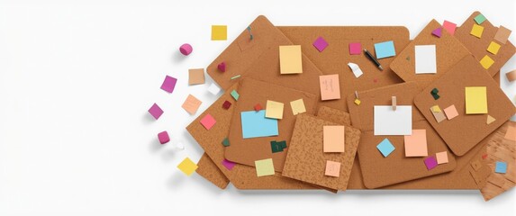 Naklejka premium Colorful sticky notes on cork boards with scattered pieces