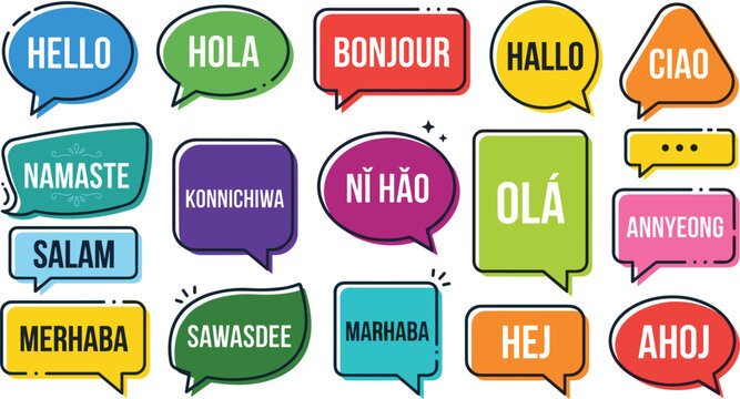 Multilingual hello speech bubbles vector set featuring international greeting words like hola bonjour ciao ni hao namaste and ola in colorful comic chatting boxes