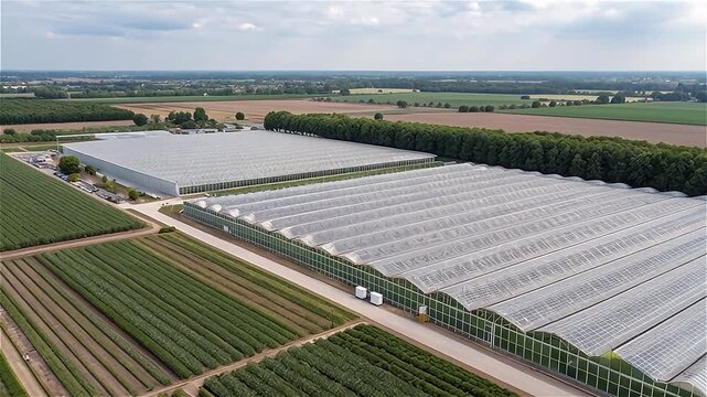 Aerial drone view of massive greenhouse for growing vegetables. Flying over large industrial greenhouses with transparent roof.
