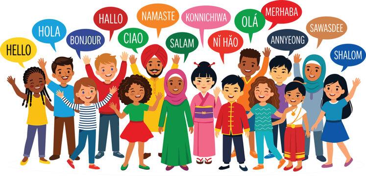 Diverse multicultural children greeting in different languages with hello speech bubbles vector illustration for global unity friendship education and international language learning day