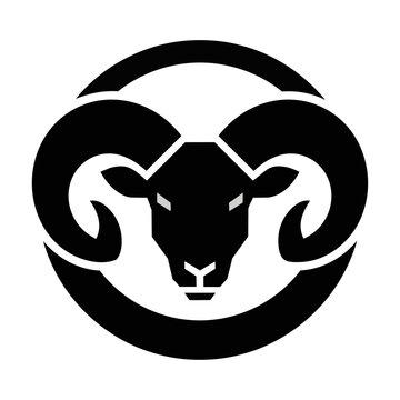 Minimalist black ram head icon with stylized curved horns in a bold symmetrical design on a white background, animal symbol concept