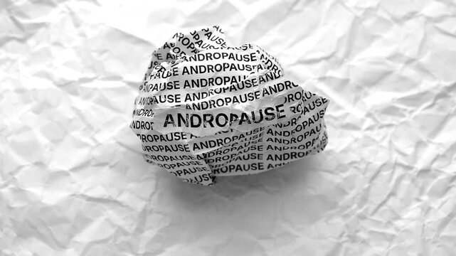 Crumpled paper ball with words Andropause on a crumpled white paper background.