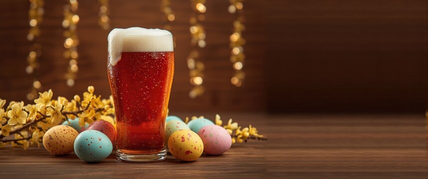 Craft Beer Glass with Foam - Spring Setting, Colorful Easter Eggs, Warm Ambiance