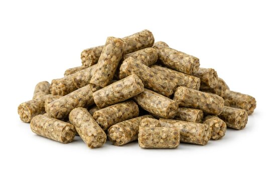 Animal Feed Pellets Piled on White Background - Close-Up, Natural Texture, Detailed