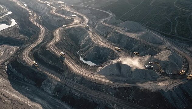 Aerial view of pit mine coal mining, dumpers, quarrying extractive industry stripping work. Big Yellow Mining Trucks. View from drone at opencast mining with lots of machinery trucks.
