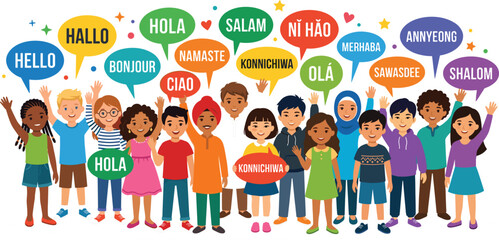 Diverse multicultural children waving and holding colorful hello speech bubbles in different languages for international translation global friendship and language school education vector © MstLinaAkter
