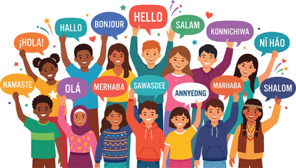 Diverse multicultural children holding international hello speech bubbles vector illustration for global language learning friendship unity and world peace day banner design © MstLinaAkter