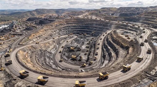 Aerial view of pit mine coal mining, dumpers, quarrying extractive industry stripping work. Big Yellow Mining Trucks. View from drone at opencast mining with lots of machinery trucks.
